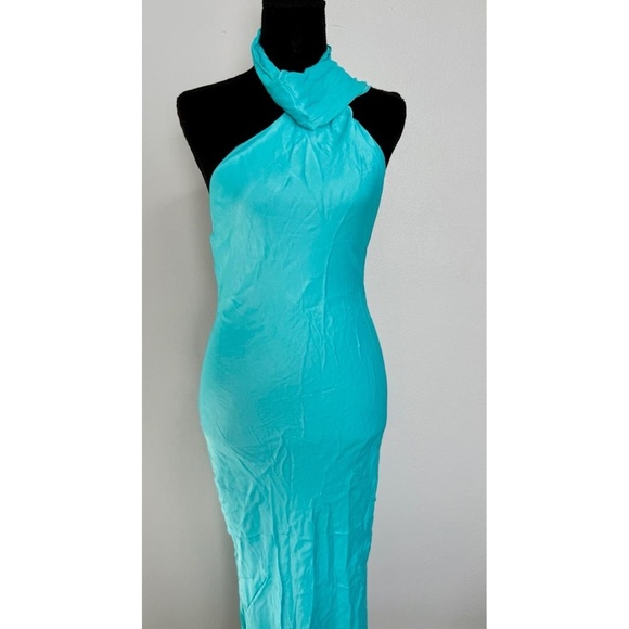 NWT Meshki Dress Womens Size M Turquoise Blue One-Shoulder Halter Midi Satin - Picture 6 of 13